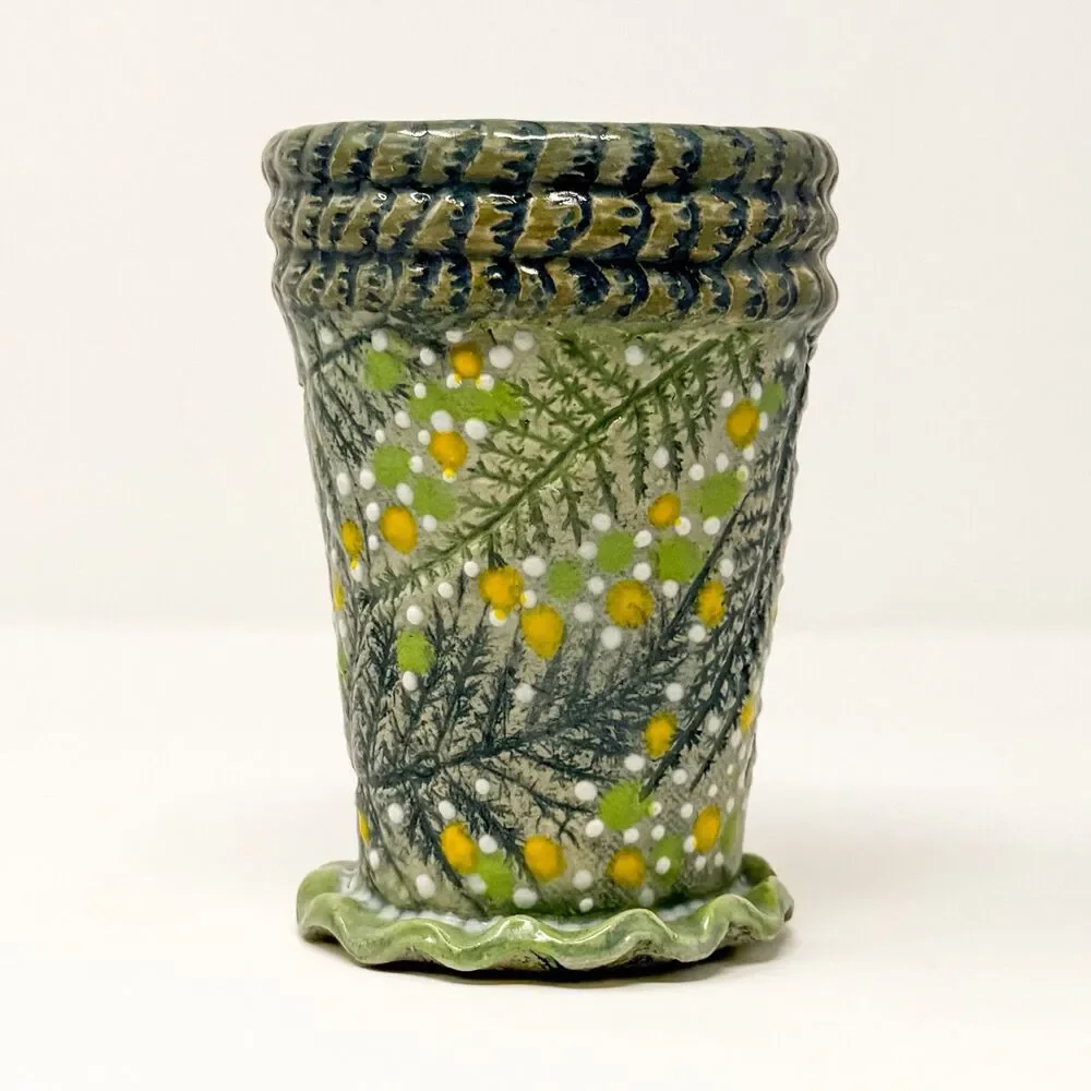 Signed Studio Art Pottery Vase Handmade Textured Floral Daisy Folk Art OOAK